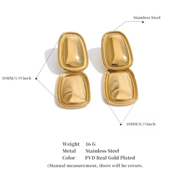 Bold Sculptural Gold Drop Earrings – Stainless Steel, PVD Real Gold Plated - Picture 7 of 12